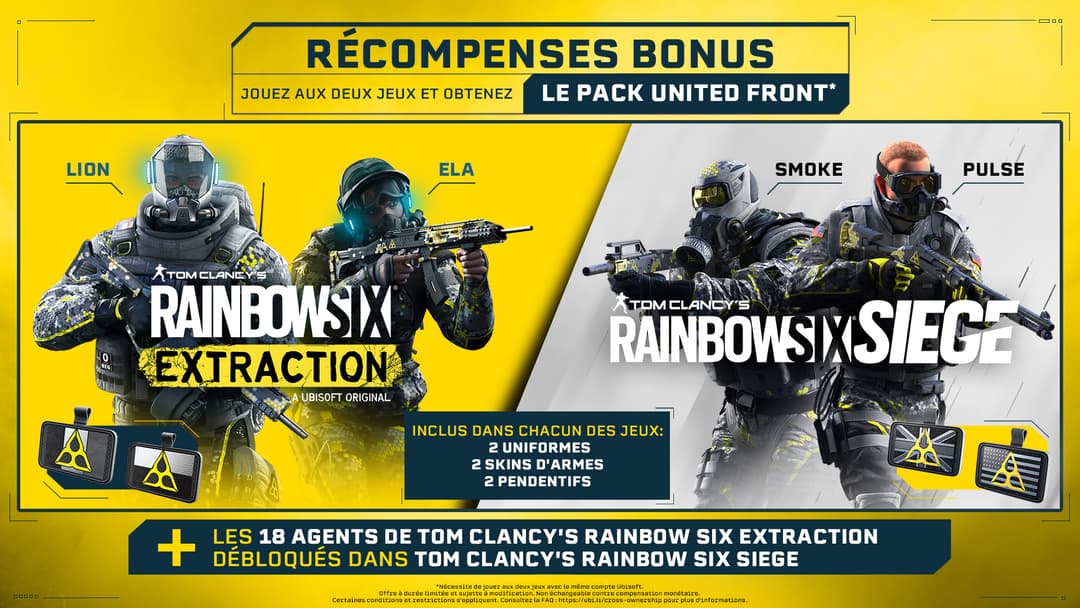 Affiche promotionnelle jaune et noire présentant des agents armés de Rainbow Six Extraction et Siege, avec mentions de récompenses bonus et pack United Front