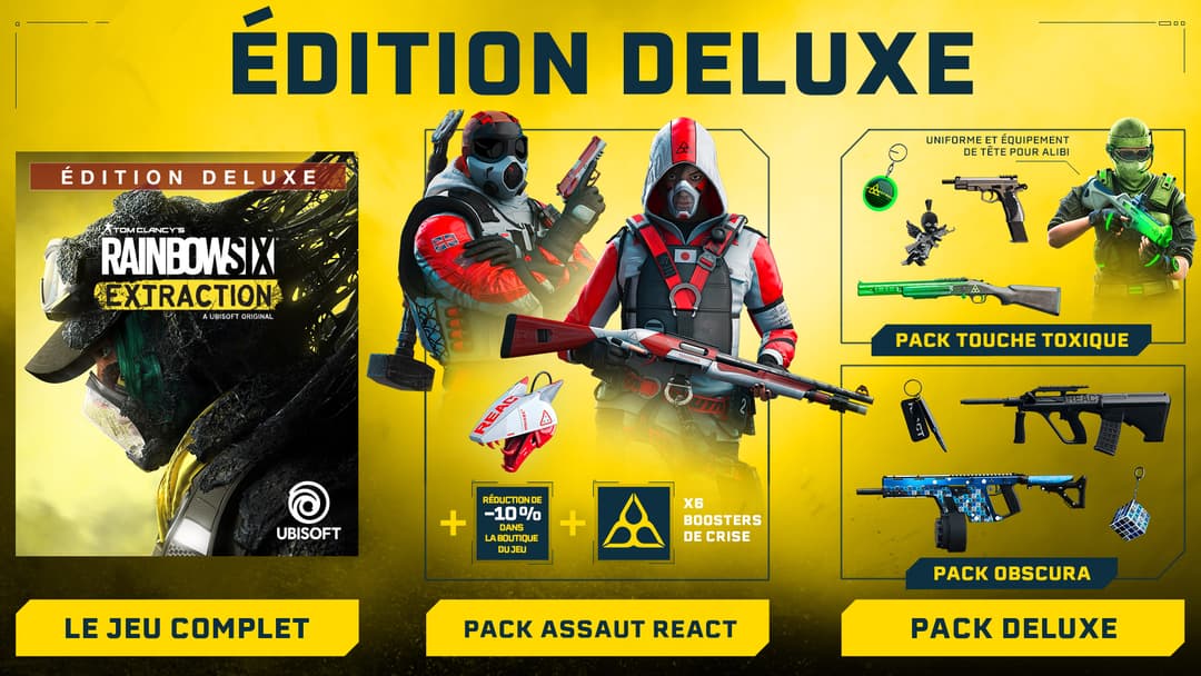 Affiche de Rainbow Six Extraction Édition Deluxe montrant deux agents armés sur fond jaune avec contenu inclus