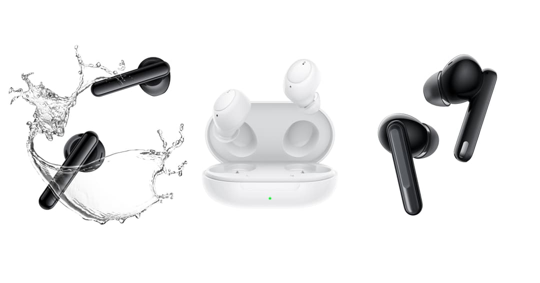 Trois modèles d'écouteurs True Wireless OPPO: Free2 noir avec éclaboussure d'eau, Enco Air blanc et Enco Buds noir