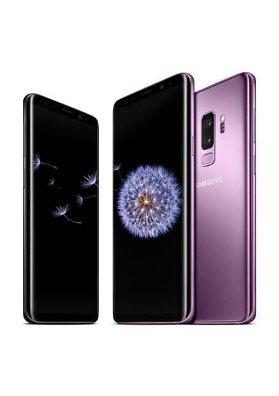 Trois Samsung Galaxy S9 et S9+ présentés de face et de profil, avec écrans affichant des photos en gros plan et coloris noir et violet