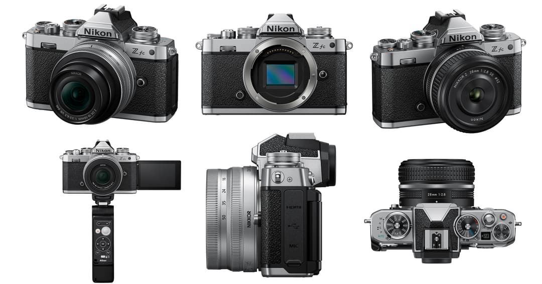 Nikon Z fc hybride sous différents angles : avec objectif, capteur, écran tactile orientable, microphone et accessoires de vlogging