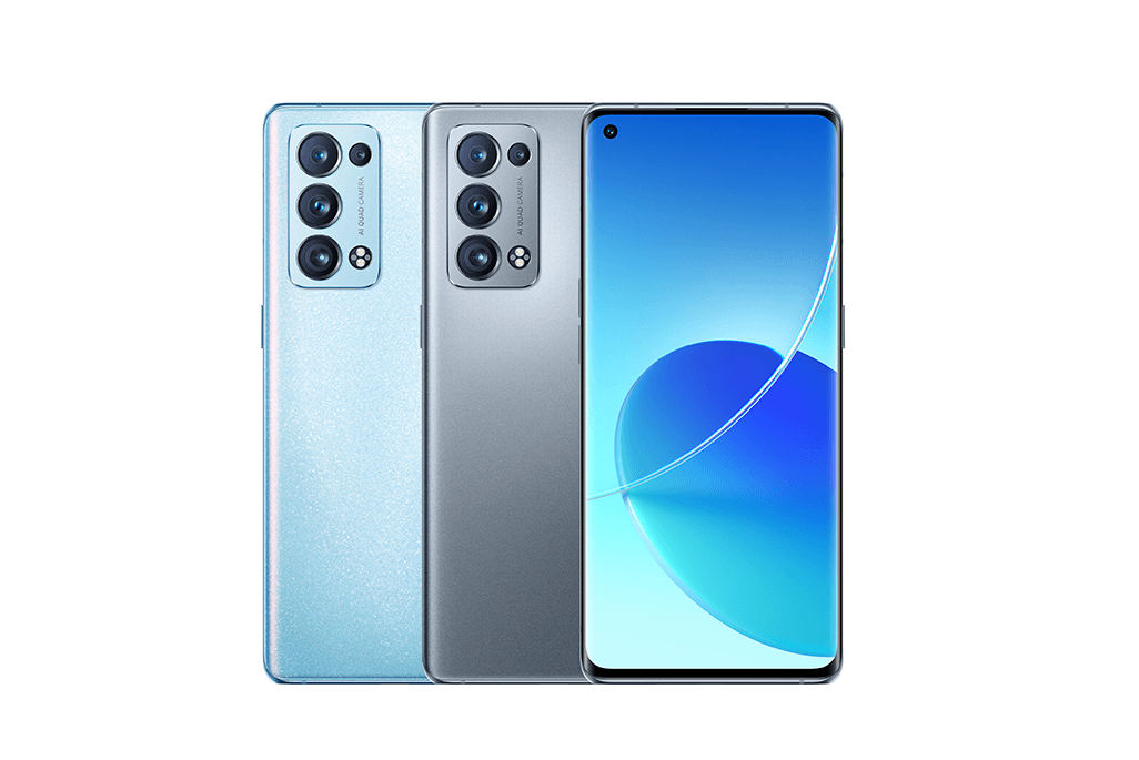 Deux smartphones OPPO Reno6 bleu ciel et gris affichant leurs modules photo arrière à quatre objectifs et écrans AMOLED frontaux bleu clair