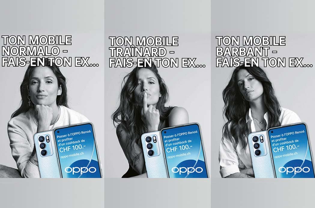 Campagne OPPO Reno6 avec trois portraits en noir et blanc de Melanie Winiger tenant le téléphone bleu ciel, chacun associé à une émotion différente