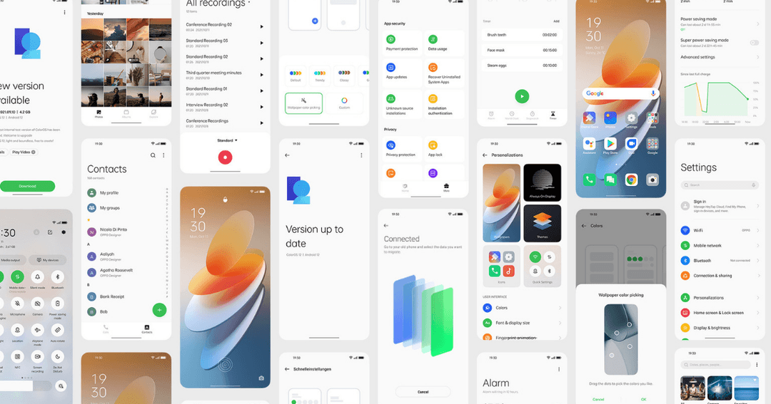 Montage d'écrans ColorOS 12 montrant l'interface utilisateur avec widgets, applications, écran d'accueil dégradé orange et bleu, menus Contacts, Paramètres et Personnalisations