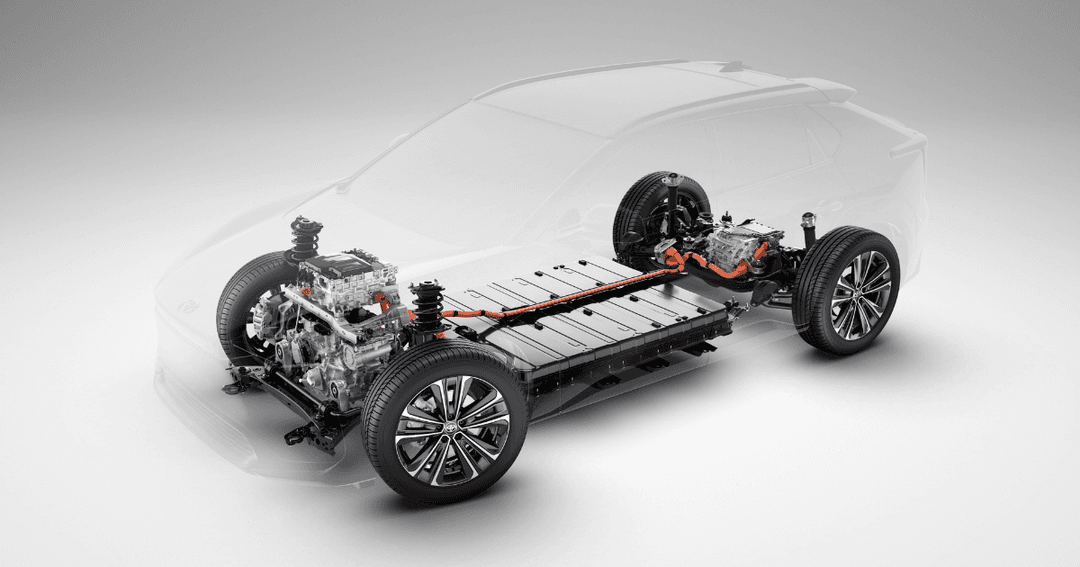 Architecture mécanique du Toyota BZ4X électrique montrant la batterie, le moteur et le système de direction sans liaison physique
