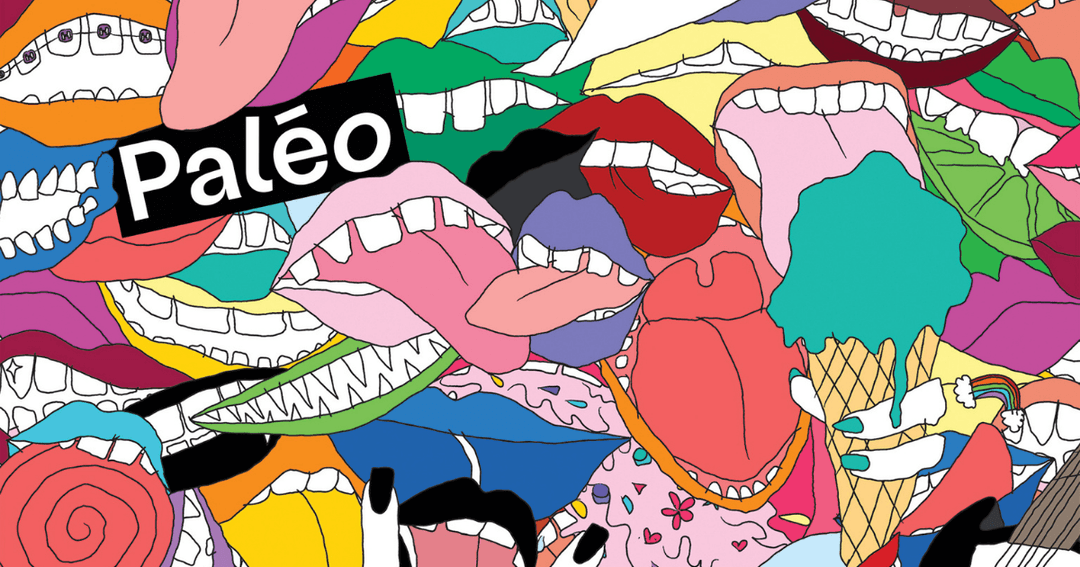Univers visuel coloré du Festival Paléo avec bouches stylisées, tongues et éléments abstraits multicolores, logo Paléo en noir et blanc