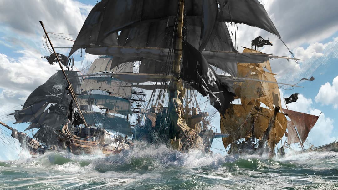 Deux navires pirates aux voiles noires s'affrontent dans des vagues écumantes, drapeaux de mort affichés, dans Skull and Bones