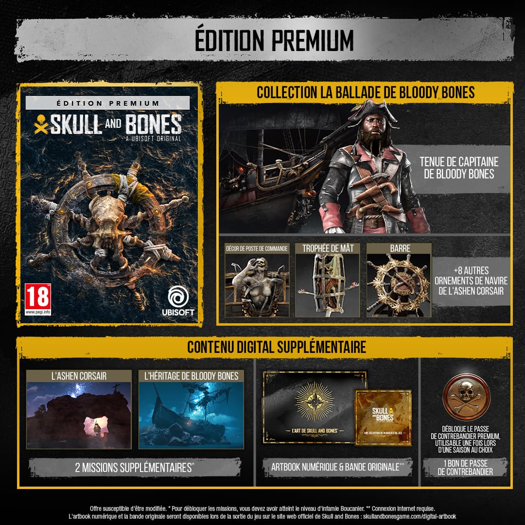 Affiche de l'édition Premium de Skull and Bones montrant la boîte du jeu, la tenue de pirate, les objets cosmétiques et le contenu numérique supplémentaire inclus