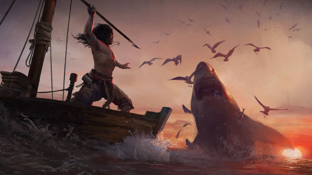 Personnage torse nu sur un bateau affrontant un énorme requin dans l'océan Indien au coucher de soleil