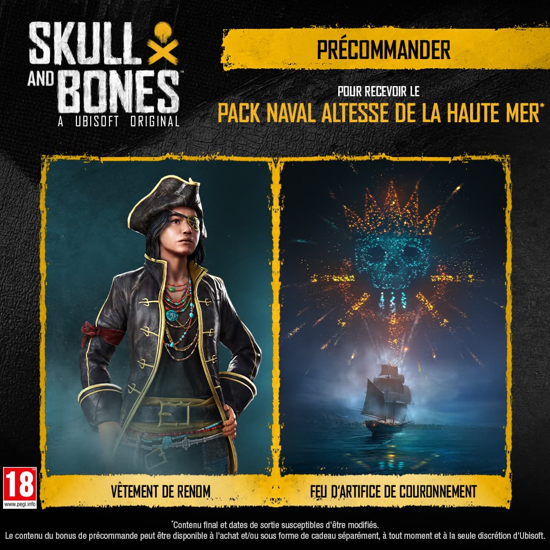 Affiche de Skull and Bones montrant le Pack Naval Altesse de la Haute Mer avec un personnage pirate en tenue noire et dorée et un navire illuminé par des feux d'artifice