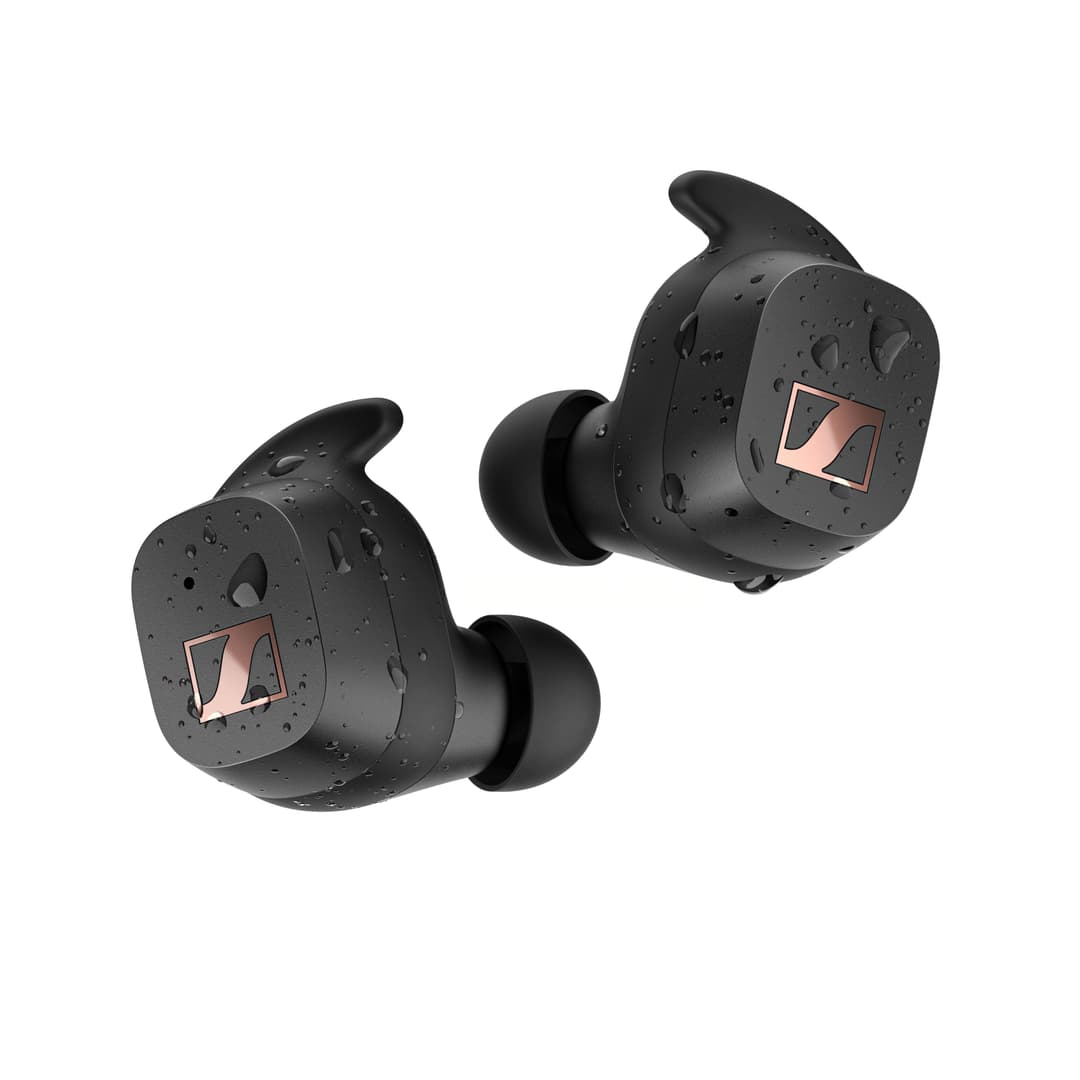 Écouteurs Sennheiser SPORT True Wireless noirs avec détails cuivrés, design ergonomique et revêtement étanche