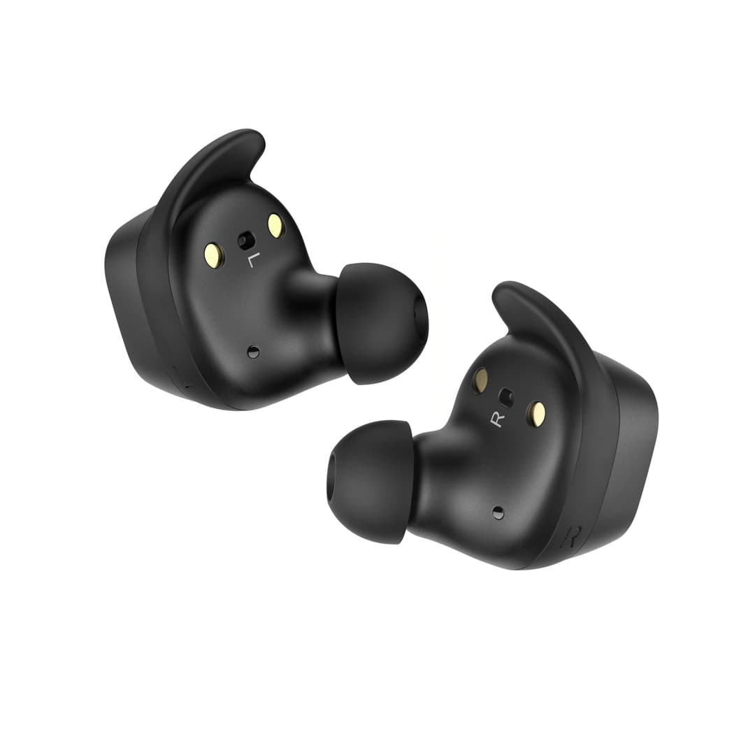 Écouteurs Sennheiser SPORT True Wireless noirs avec embout auriculaire, oreillettes marquées L et R, et détails dorés
