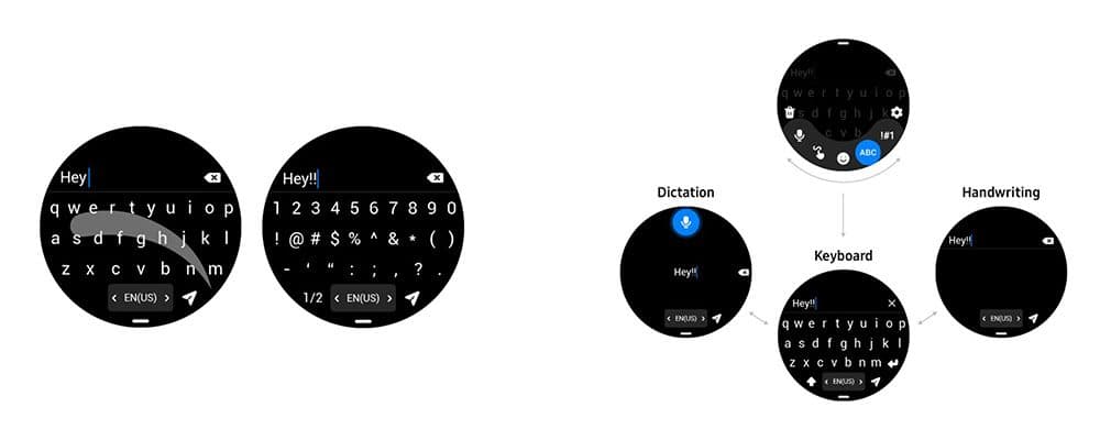 Écrans Galaxy Watch montrant le clavier QWERTZ avec Swipe to Type et les trois méthodes de saisie: Dictation, Keyboard et Handwriting