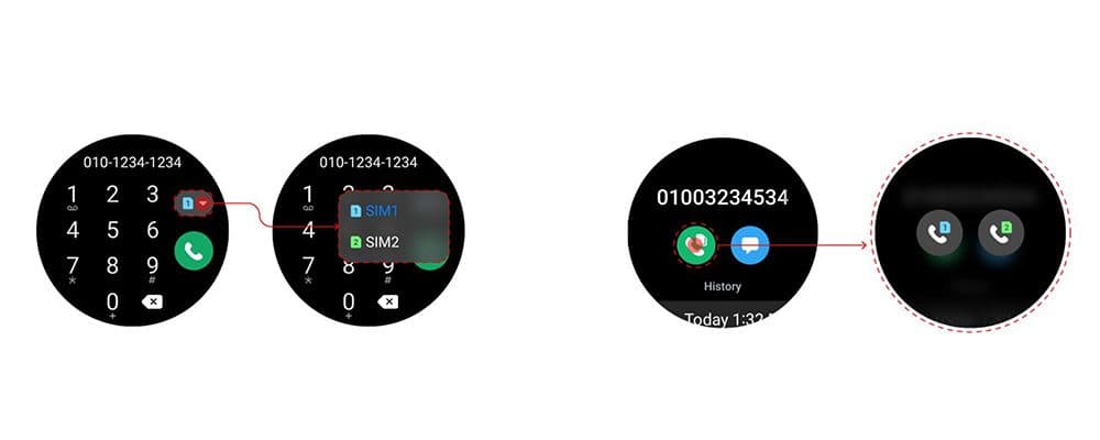 Galaxy Watch affichant un clavier numérique, un menu de sélection SIM et l'historique des appels avec deux options d'appel