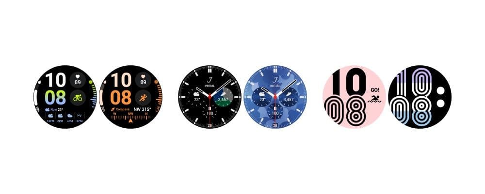 Six cadrans de Galaxy Watch avec designs personnalisés : noirs avec chiffres verts et orange, bleus classiques, rose pâle et noir avec typographie stylisée