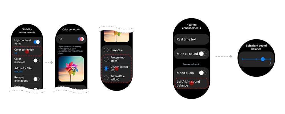 Écrans de Galaxy Watch montrant les paramètres d'accessibilité: amélioration visuelle avec contraste et correction des couleurs, et équilibre audio gauche-droite