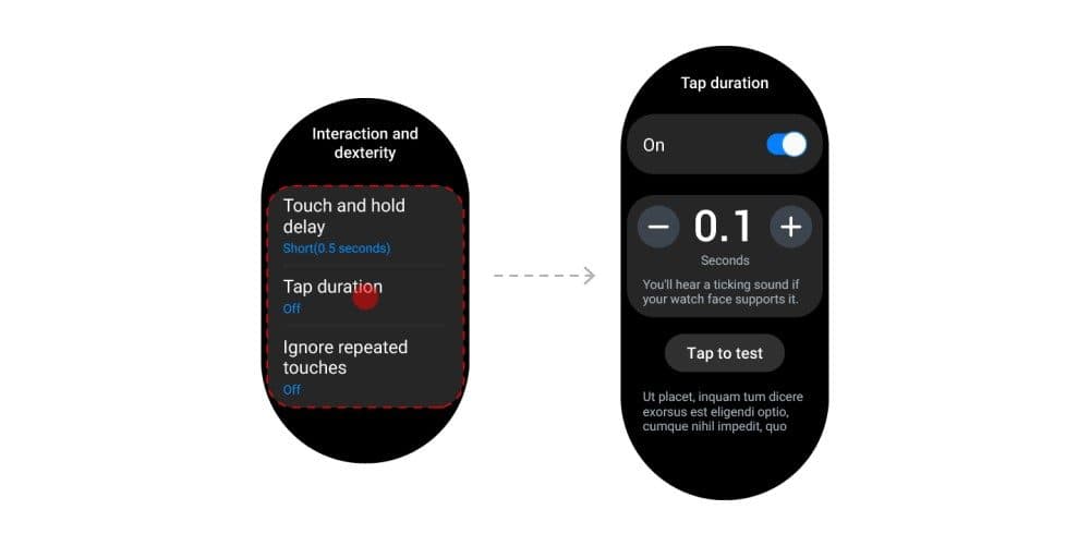 Écrans de paramètres d'accessibilité tactile sur Galaxy Watch : délai de saisie, durée d'appui et répétition tactile