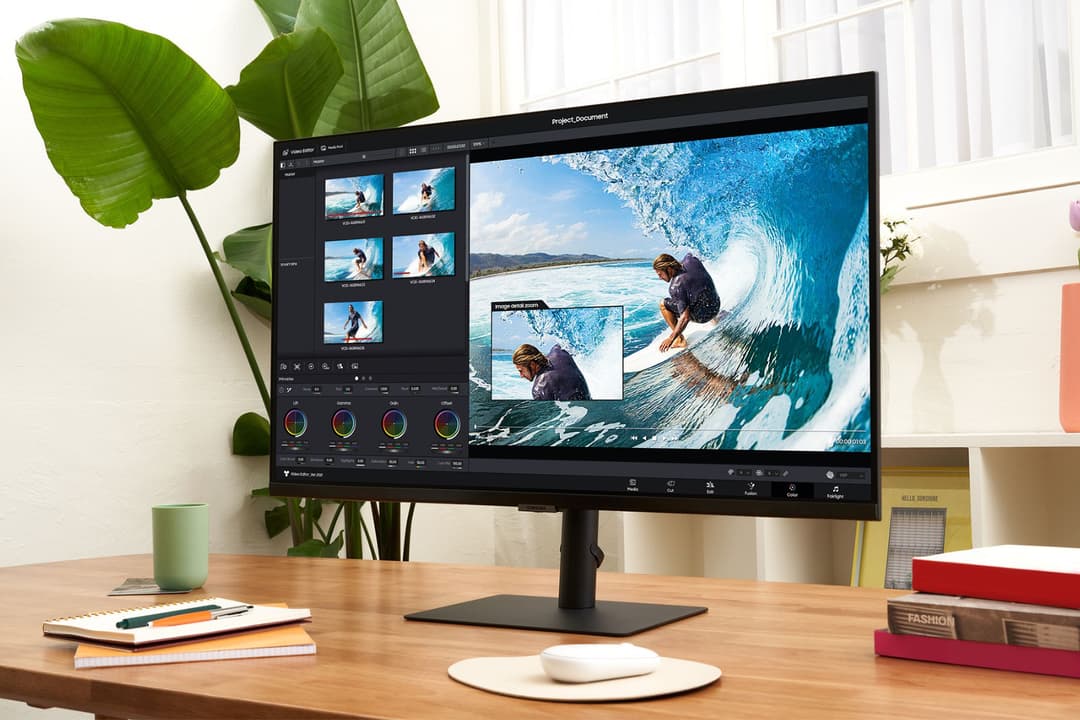 Moniteur ViewFinity S8 affichant un logiciel de montage vidéo avec images de surf, entouré de plantes sur un bureau en bois