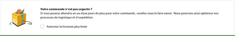 Boîte de livraison avec case à cocher « Autoriser la livraison plus lente » lors du passage en caisse Galaxus et Digitec