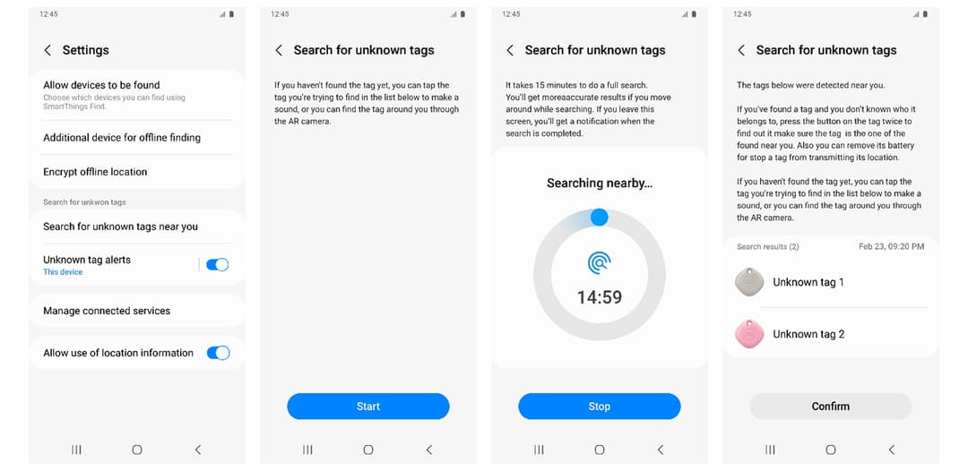 Quatre écrans Samsung SmartThings Find montrant les paramètres de localisation, la recherche de tags inconnus avec minuteur et détection à proximité