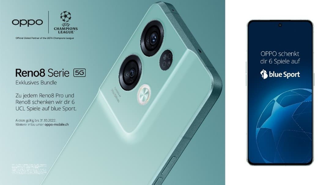 OPPO Reno8 bleu ciel de profil avec triple capteur photo et logo Champions League, à côté smartphone affichant l'offre blue Sport