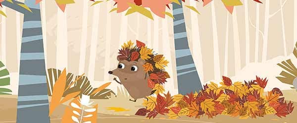 Petit Doigt, personnage avec couronne de feuilles d'automne, dans une forêt aux couleurs chaudes d'octobre