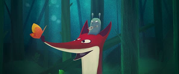 Créature rouge souriante avec un petit personnage gris sur la tête, dans une forêt verte, un papillon orange volant à proximité
