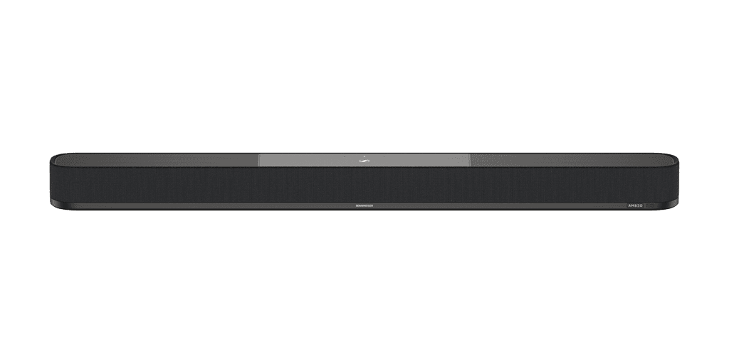 Barre de son Sennheiser AMBEO Soundbar Plus noire, design allongé avec logo Sennheiser et inscription AMBEO