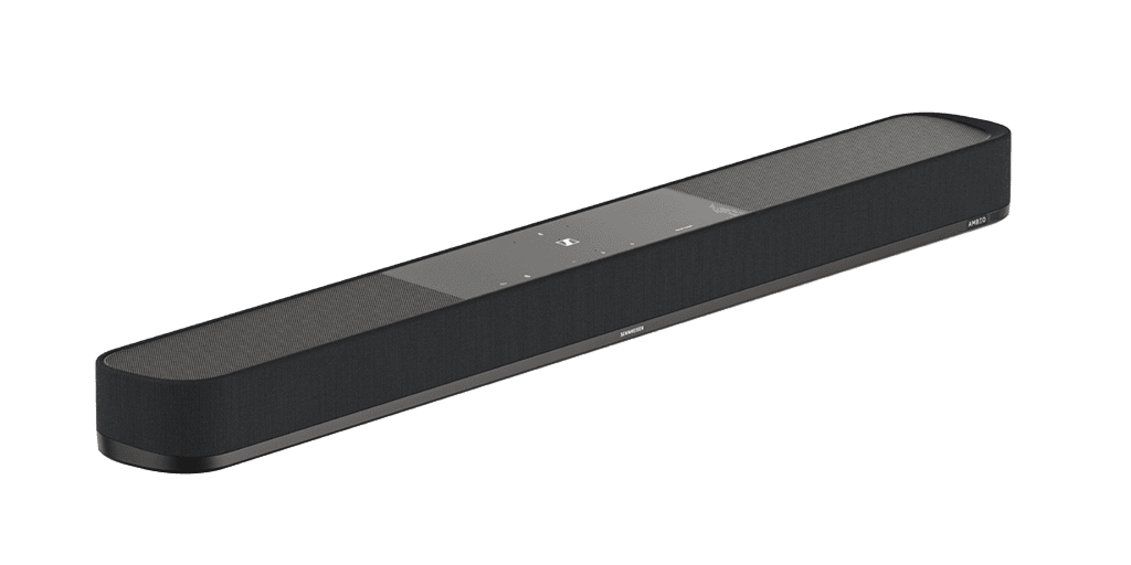 Sennheiser AMBEO Soundbar Plus, barre de son noire allongée avec panneau de contrôle gris, vue de trois quarts