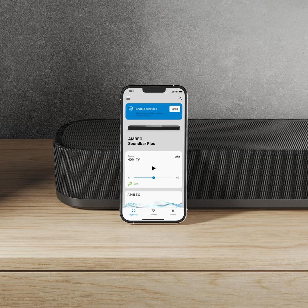 Application Smart Control Sennheiser affichant la configuration de la Soundbar AMBEO Plus et des options de contrôle du volume