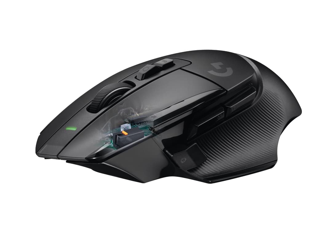 Souris Logitech G502 X noire avec vue transparente montrant les switches hybrides LIGHTFORCE et composants internes
