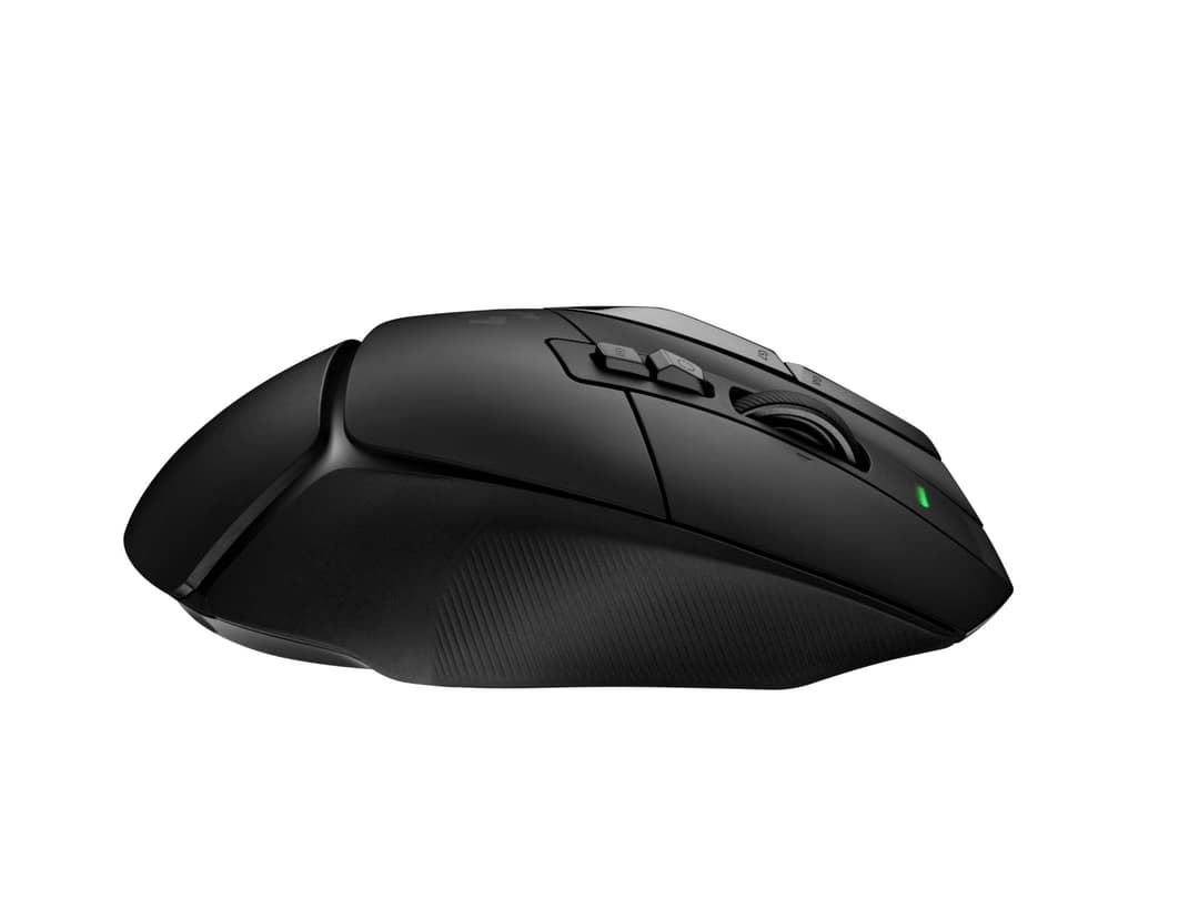 Souris Logitech G502 X noire vue de profil, avec boutons latéraux et indicateur LED vert