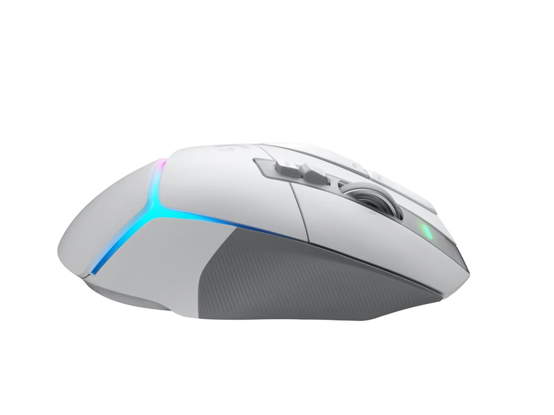 Souris Logitech G502 X blanche et grise avec détails lumineux bleus et verts