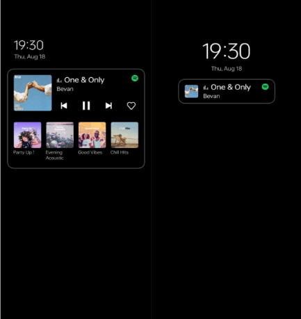 Always-On-Display OPPO affichant contrôles Spotify, titre de chanson et playlist de recommandations sans déverrouiller le téléphone
