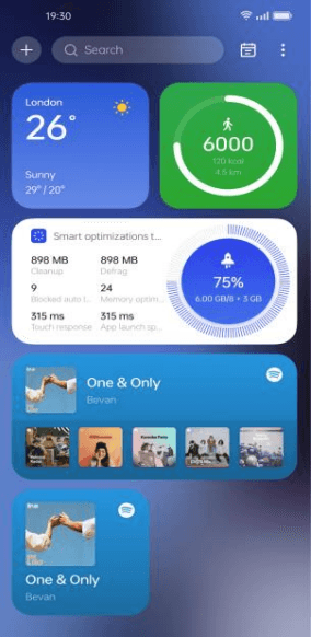 Menu Étagère de ColorOS 13 affichant une carte Spotify avec recommandations musicales et contrôles de lecture
