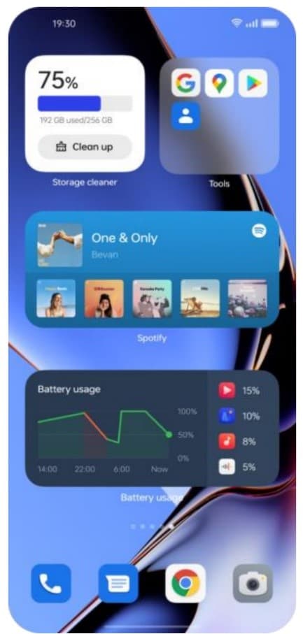 Écran d'accueil de ColorOS 13 affichant un widget Spotify avec l'album One & Only de Bevan et recommandations musicales