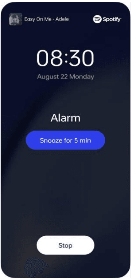 Écran d'alarme ColorOS 13 affichant 08h30, avec lecture de "Easy On Me" d'Adele via Spotify et boutons Snooze et Stop