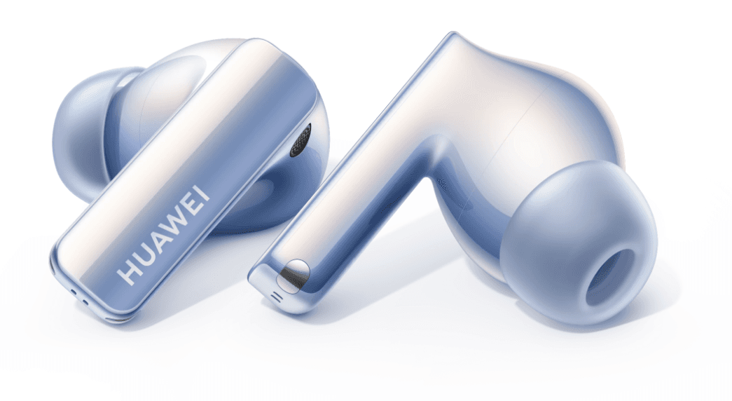 Écouteurs HUAWEI FreeBuds Pro 2 blancs et bleus, deux écouteurs intra-auriculaires et leur boîtier de recharge