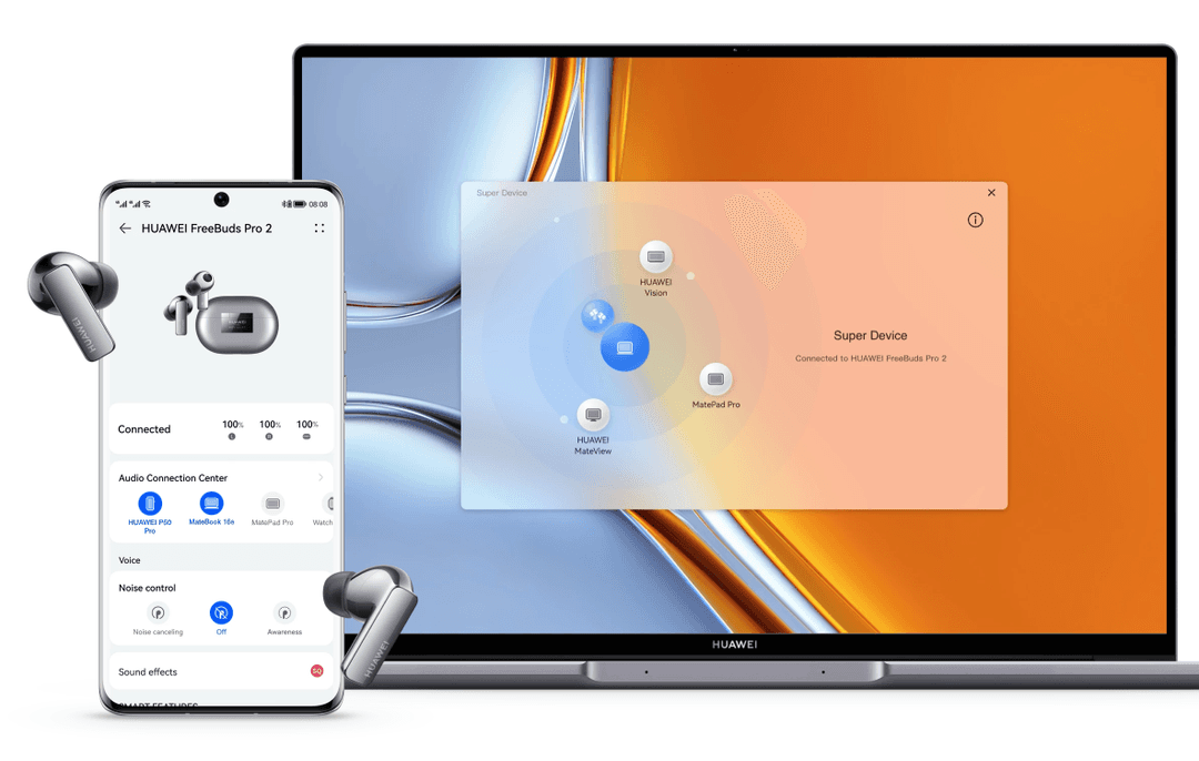 Écouteurs HUAWEI FreeBuds Pro 2 noirs affichés sur smartphone et écran d'ordinateur montrant la connexion Super Device