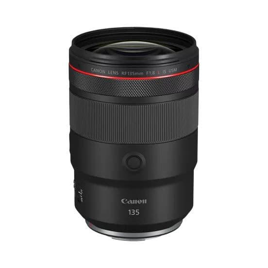 Objectif Canon RF 135 mm F1.8 L IS USM noir et gris avec bague rouge, vue de face