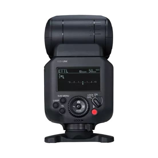 Flash Speedlite EL-5 de Canon, de couleur noire, avec écran LCD et commandes de réglage, équipé d'un système de refroidissement passif