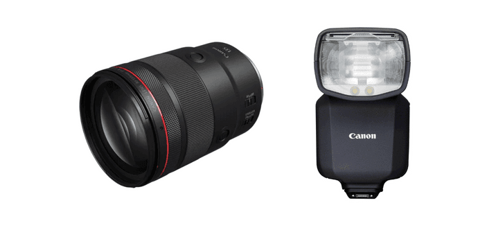 Objectif Canon RF 135 mm F1.8 L IS USM noir à gauche et flash Speedlite EL-5 Canon noir à droite