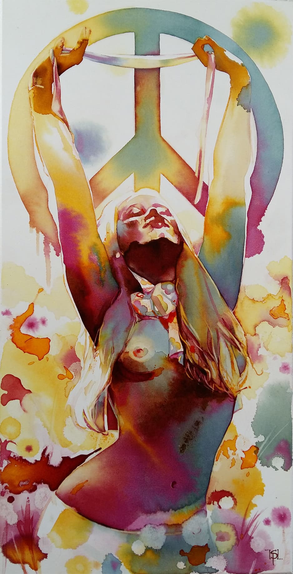 Peinture aquarelle d'une silhouette humaine aux bras levés, dégoulinante de couleurs vives jaune, rose et orange, intégrée à une forme géométrique stylisée