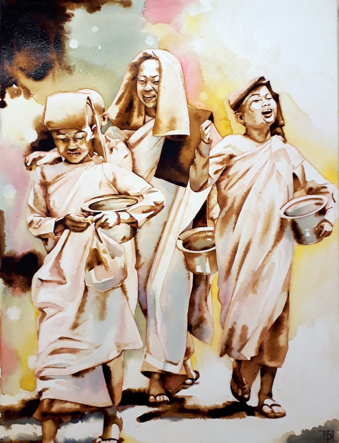 Peinture à l'aquarelle montrant trois personnages rieurs tenant des assiettes, réalisée avec des pigments culinaires aux tons de beige, rose et jaune