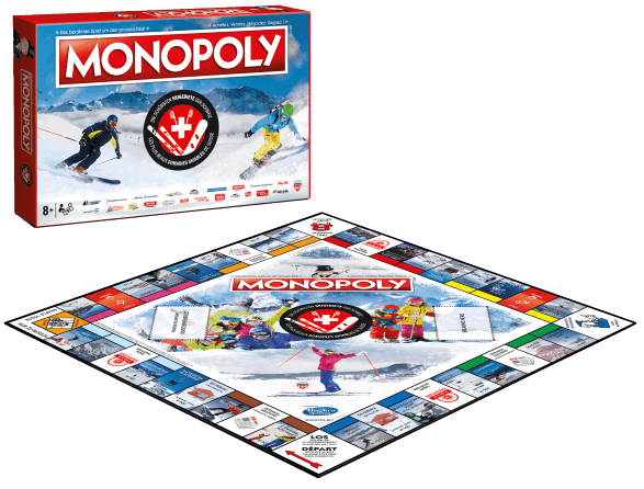 Jeu de société Monopoly version stations de ski suisse, avec boîte et plateau de jeu déployé