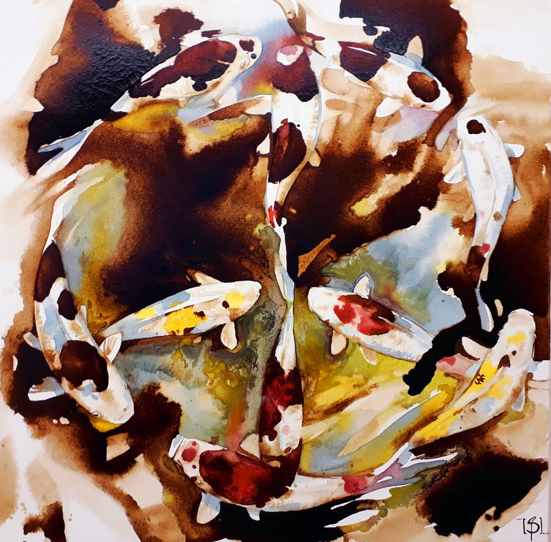 Peinture aquarelle abstraite avec des poissons stylisés aux teintes blanches, jaunes, rouges et brunes sur fond de marron et beige