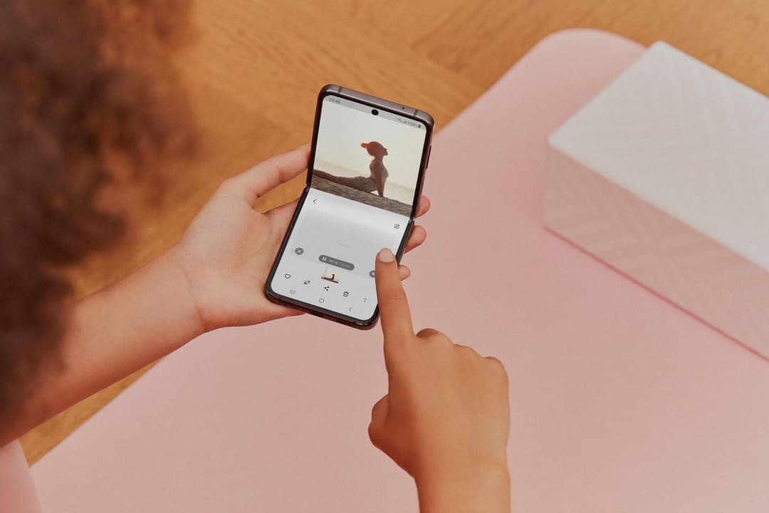 Mains tenant une tablette Samsung affichant l'interface de caméra avec un chien sur un ponton, sur fond rose et bois