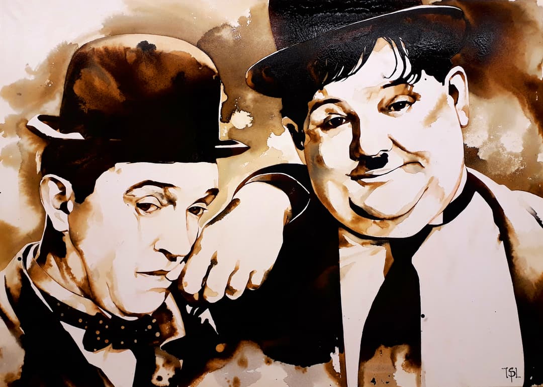 Peinture à l'aquarelle de deux hommes au chapeau et nœud papillon, aux tons sépia et blanc, style splash artistique