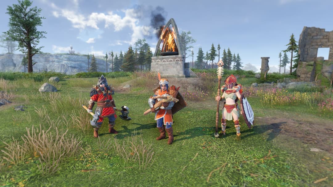 Trois personnages en armure colorée dans un village médiéval avec structures de pierre, arbres et montagnes en arrière-plan dans The Settlers: New Allies