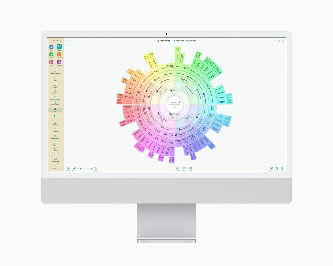 MacFamilyTree 10 affichant un arbre généalogique circulaire aux couleurs pastel sur écran Mac